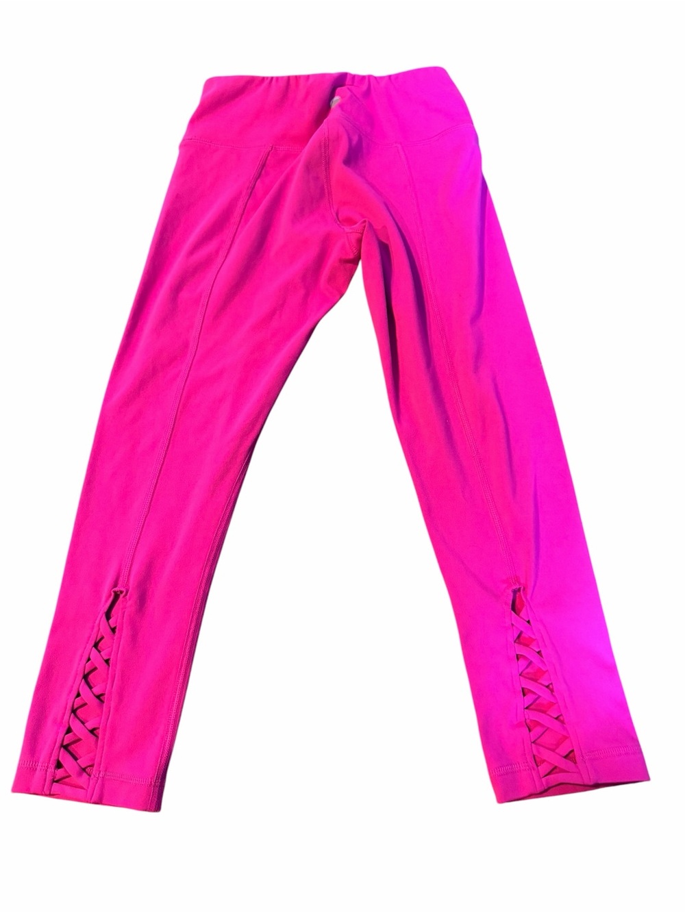 Yogalicious XS Hot Pink High Rise Cropped Yoga Leggings Lace-Up Hem Athleisure